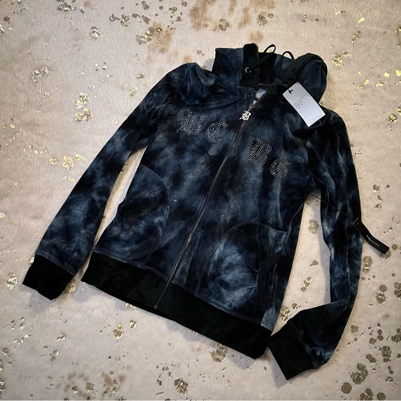 NWT BCBG S Y2K Velour Zip Up Rhinestone Graphic Fuzzy Hood Details Black/Blue - Picture 1 of 10